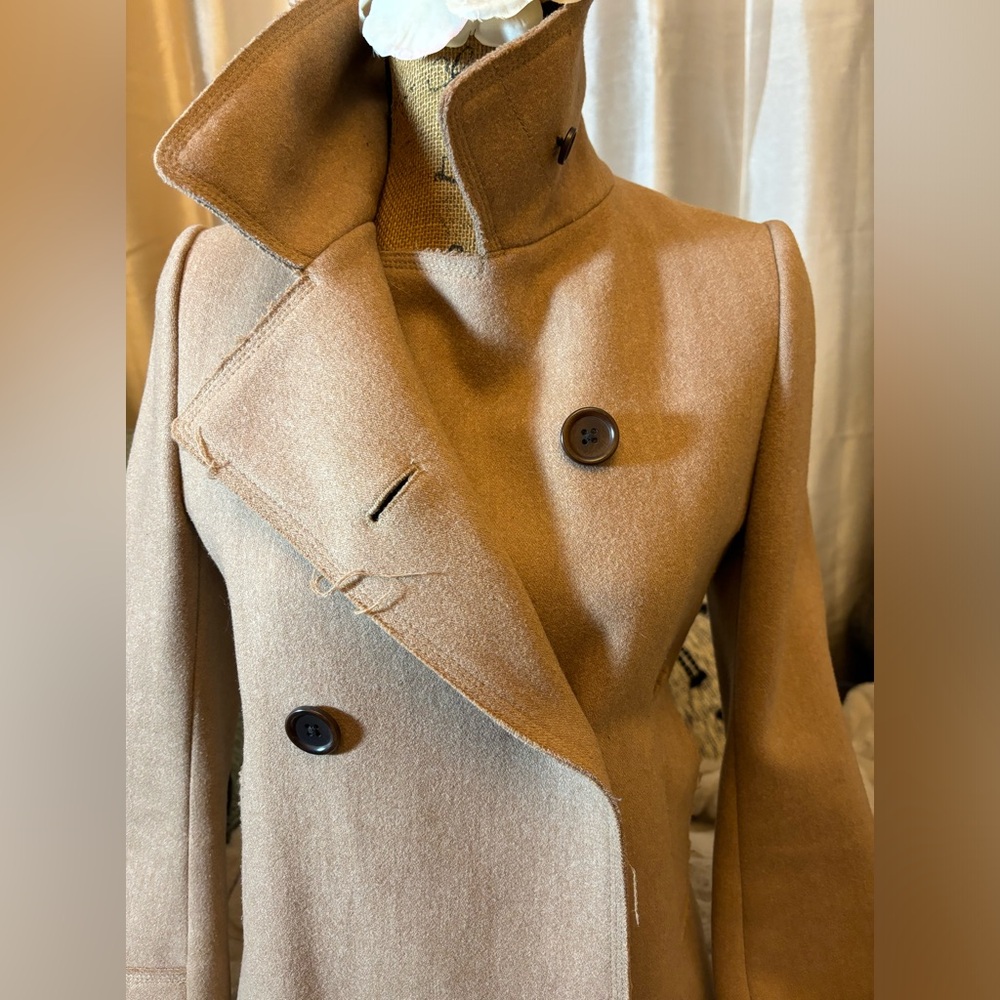 Uniqlo Jil Sander +J Peacoat Coat Jacket Women Size XSmall Camel Tan Raw Hem - Picture 4 of 15